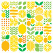 © Adpragus - Abstract artwork of lemon fruit symbol icon. Simple vector art, geometric illustration of colorful citruses, oranges, limes, lemonade and leaves. Minimalist flat modern design on white background.