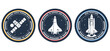 Space mission patch: space rockets and satellite. Venus, Mars and Saturn сircle badge. Science and space exploration labels and patches. Realistic space mission badges with vehicles.