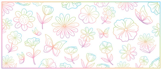 Wall Mural - beautiful hand drawn flowers and butterfly graphic outline vector in sweet gradient color theme