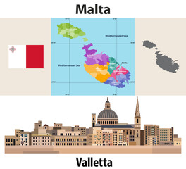 Fototapete - Valletta cityscape on sunset sky background vector illustration with country and city name and with flag of Malta