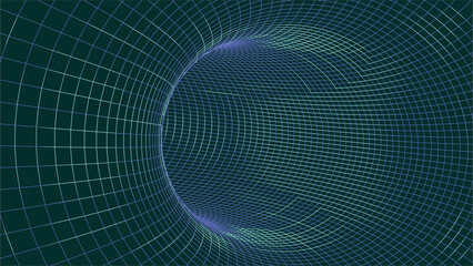 Wall Mural - Wireframe 3D tunnel. Perspective grid background texture. Meshy wormhole model. Vector Illustration.