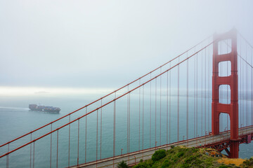 Wall Mural - San Francisco Bay and container ship passing Golden Gate Bridge 