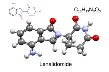 Wall Mural - Chemical formula, skeletal formula, and 3D ball-and-stick model of anticancer drug lenalidomide, white background