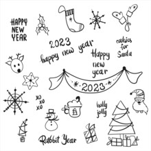 Christmas Doodle Winter New Year Rabbit 2023 Black And White Set. Vector Illustration For Happy New Year Poster, Card Etc. 