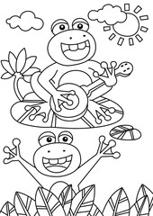 Wall Mural - Coloring design with cute frog playing guitar for kids coloring page Vector 