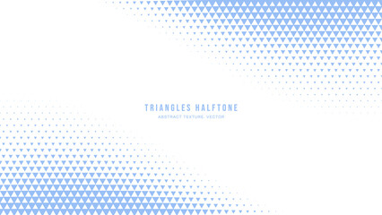 Wall Mural - Triangles Halftone Geometric Pattern Abstract Vector Smooth Twisted Blue Border Isolated On White Background. Half Tone Art Graphic Minimal Pure Light Vivid Wallpaper. Checker Faded Particles Texture