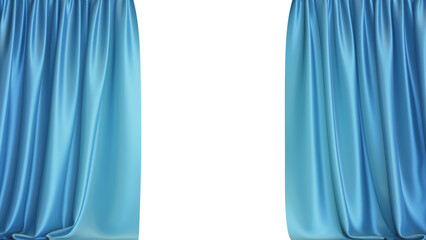 Realistic 3D illustration of the opened stylish beautiful and cozy textured blue silky atlas curtain rendered as background
