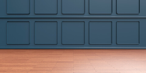 Wall Mural - Wall beadboard wainscot blue decoration and wooden floor background, Interior room design. 3d render