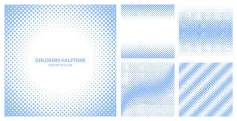 Wall Mural - Assorted Various Pale Blue Checkered Halftone Textures Vector Different Geometric Patterns Set Isolated On White Background. Half Tone Graphic Modern Pattern Variety Texture Design Elements Collection