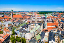 Marienplatz Aerial Panoramic View In Munich City, Germany