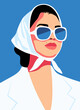 Fashion portrait of a model girl in sunglasses. Poster or flyer in trendy retro colors. Silhouette of multiethnic women. Communication and friendship women or girls of diverse cultures.
