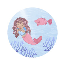 Cute Cartoon Mermaid With Wavy Hair And Pink Tail Swims Underwater, Funny Fish, Algae. Vector.