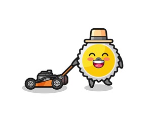 Poster - illustration of the saw blade character using lawn mower