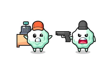 Sticker - illustration of the cute chewing gum as a cashier is pointed a gun by a robber