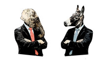 Graffiti Style Cartoon Illustration Of Republican Elephant Mascot And Democratic Donkey Mascot In A Confrontation 