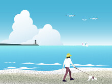 夏の浜辺を犬と散歩