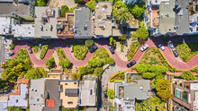 San Francisco view from above of Lombard Street winding brick road