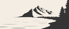 Mountain Lake Silhouette Graphic Art Black White Landscape Illustration Vector. Mountain And Lake Black And White Illustration. Mountain Vector Illustration