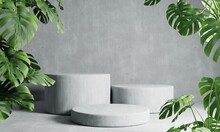 Three Round Podiums In Grey Loft Color Background With Monstera Plant Foreground. Abstract Wallpaper Template Element And Architecture Interior Object Concept.3D Illustration Rendering