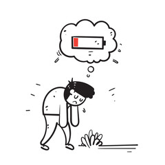 hand drawn doodle tired fatigue person with low battery illustration