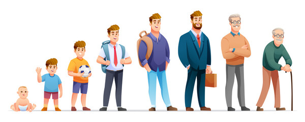 Man life cycle vector character. Human growth and development stages cartoon illustration