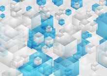 Abstract Tech Geometric Background With Grey Blue 3d Cubes. Vector Futuristic Modern Design