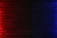 Lighting Effect Red And Blue On Empty Brick Wall Background. Lighting Effect Pink And Cyan Wall Background.