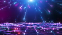 Blue And Pink Purple Meteor Shower Falls Down With Glittering Particles Over Glow Ocean Wave Abstract Stage Background. 3D Rendering.