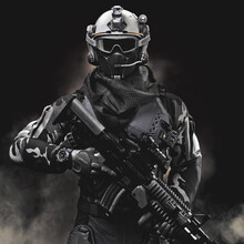 Portrait Of A Elite Special Operation Military Soldier Equipped With Battle Armor And A Advanced Assault Rifle . 3d Rendering
