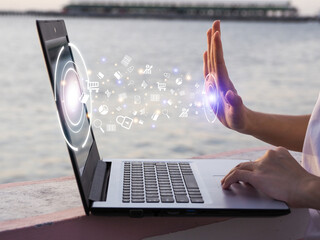 Wall Mural - online digital marketing woman using laptop payment for online shopping technology connection applic