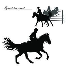 Wall Mural - a set of silhouettes. a rider jumping over an obstacle on a horse, isolated images, a black silhouette on a white background.