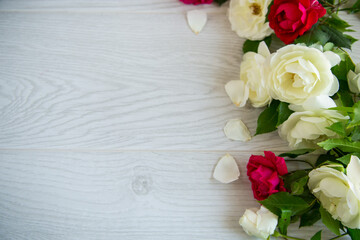 background of many white and red on a light wooden