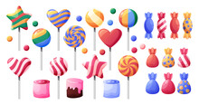 Sweet Candy. Chocolate Toffee, Bright Lollipops, Bonbons And Apple Dragees, Sugar Food, Colorful Corn And Licorice For Birthday Party, Round Striped Wrapping Decor Vector Illustration Set