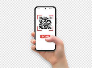 Woman hand holding and touching smartphone screen with thumb, Scan qr code, vector illustration