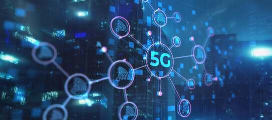 5G network digital hologram. High-speed mobile and internet on city background