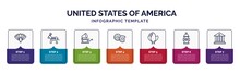 Infographic Template With Icons And 7 Options Or Steps. Infographic For United States Of America Concept. Included Thanksgiving Peacock, Democrat, Gramophone, Donut, Eagle, Fire Hydrant, Federalism