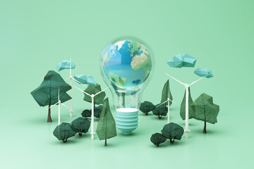 Clean energy concept on World Environment Day or International Day of Forests concept tree and earth globe on light bulb with windmill on pastel background. 3d rendering