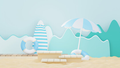 Wall Mural - 3d render Summer sale podium stand for showing product. Beach Vacations Scene in Summer for mock up.