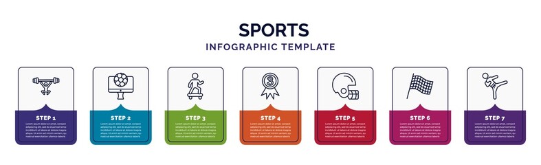 Sticker - infographic template with icons and 7 options or steps. infographic for sports concept. included weight lifting, football channel, skating, third, baseball helmet, chequered flag, karate fighter