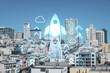 Panoramic cityscape view of San Francisco financial downtown at day time from rooftop, California, United States. Startup company, launch project to seek and develop scalable business model, hologram