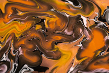 Abstract Fluid Art Background Orange, Black Colors. Liquid Marble. Acrylic Painting On Canvas With Gradient. Copy Space For Text, Design Art Work. Oil Painting High Resolution Texture, Background