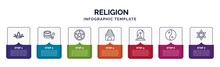 Infographic Template With Icons And 7 Options Or Steps. Infographic For Religion Concept. Included Shiva, Standing Bell, Satanism, Temple, Tombstone, Taoism, Star Of David Icons.