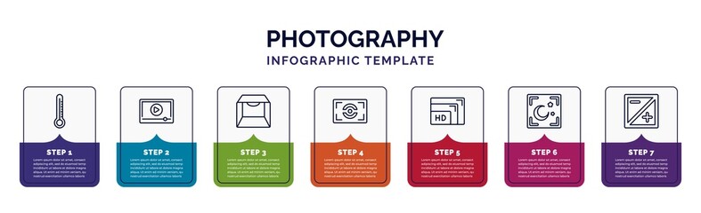 infographic template with icons and 7 options or steps. infographic for photography concept. included temperatures, play video, light box, metering, resolution, night mode, exposure icons.