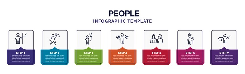 infographic template with icons and 7 options or steps. infographic for people concept. included man holding a flag, man making soap bubbles, boy with balloon, biceps of a man, parents, king in his