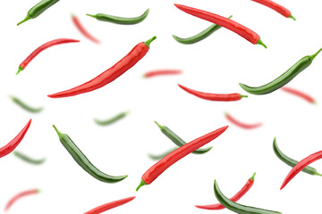 Wall Mural - Falling hot chili pepper, isolated on white background, selective focus