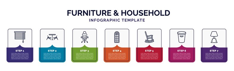 infographic template with icons and 7 options or steps. infographic for furniture & household concept. included window coverings, card table, desk chair, window, rocking chair, waste basket, lamps