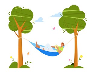 Young woman laying in hammock, reading a book between garden trees. Summer concept. Flat vector illustration