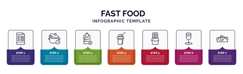 infographic template with icons and 7 options or steps. infographic for fast food concept. included receipt, cooking time, preparation, frappe, chote, alcoholic drink, taco icons.