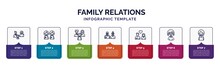 Infographic Template With Icons And 7 Options Or Steps. Infographic For Family Relations Concept. Included Parent's Sibling, Twin, Aunt's Or Uncle's Child, Grandparents, Girlfriend, Son, Niece