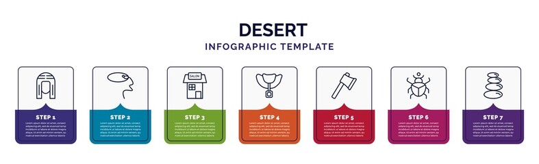 infographic template with icons and 7 options or steps. infographic for desert concept. included pharaoh, lasso, salon, horse saddle, ax, scarab, stones icons.